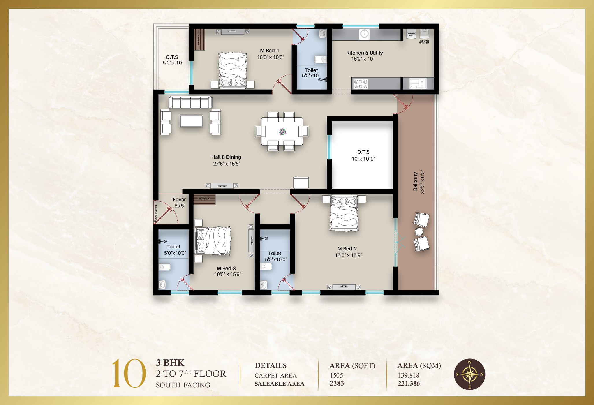 Beatriz Apartment 3BHK | South facing | 2383 sq-ft
